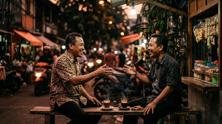 Dua orang mengobrol santai di bangku warung kopi kota dengan gerak tangan hidup pada cahaya senja hangat