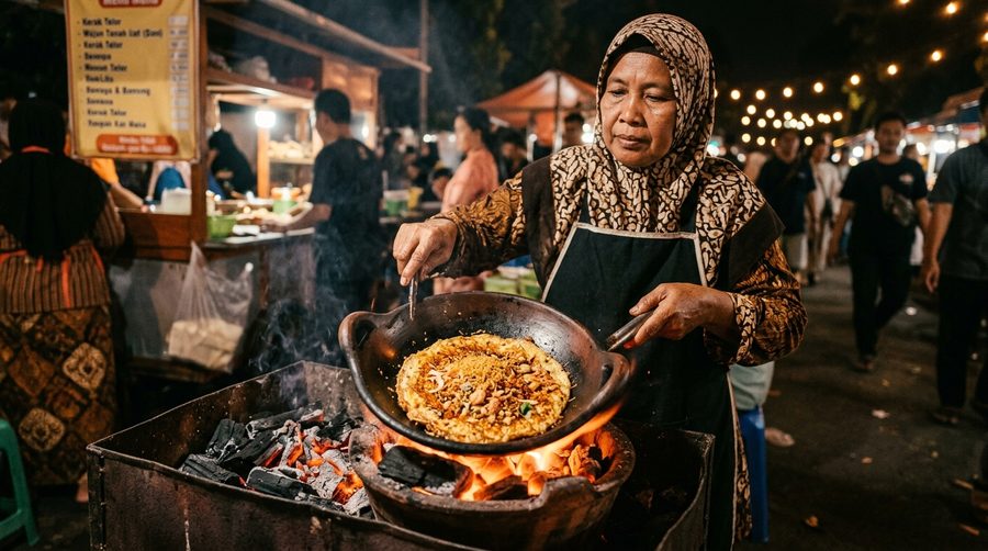 Pedagang memutar kuali tanah berisi kerak telor di atas tungku arang dengan taburan serundeng keemasan