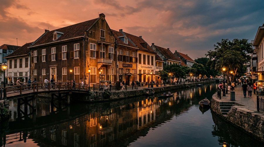 Gedung tua era kolonial menghadap kanal kota tua dengan langit senja keemasan dan pantulan air