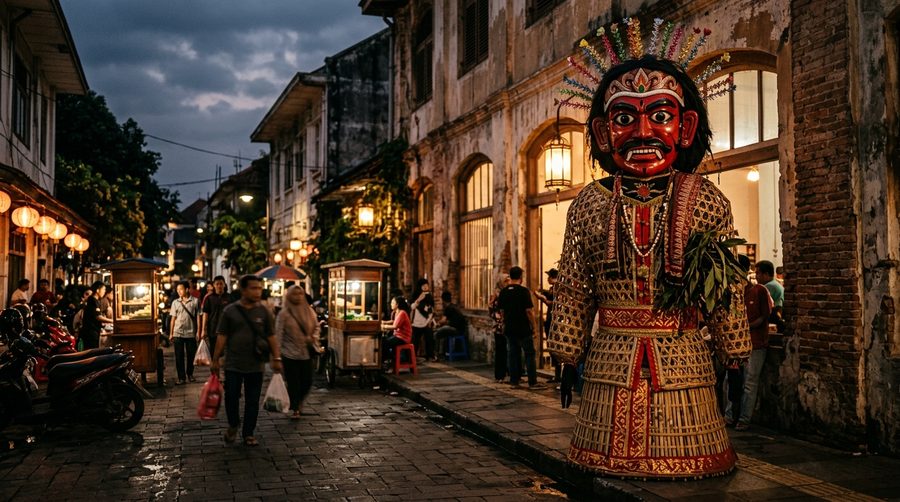 Ondel-ondel raksasa berwajah merah dan putih berdiri di tepi jalan kota tua pada senja